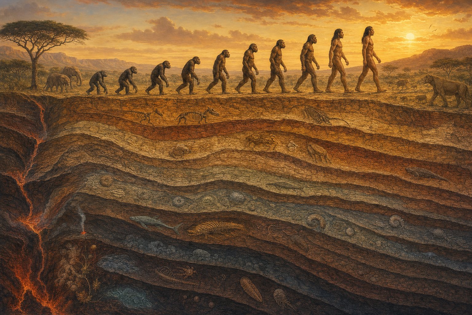 A procession of human ancestors walking across deep geological strata at dawn