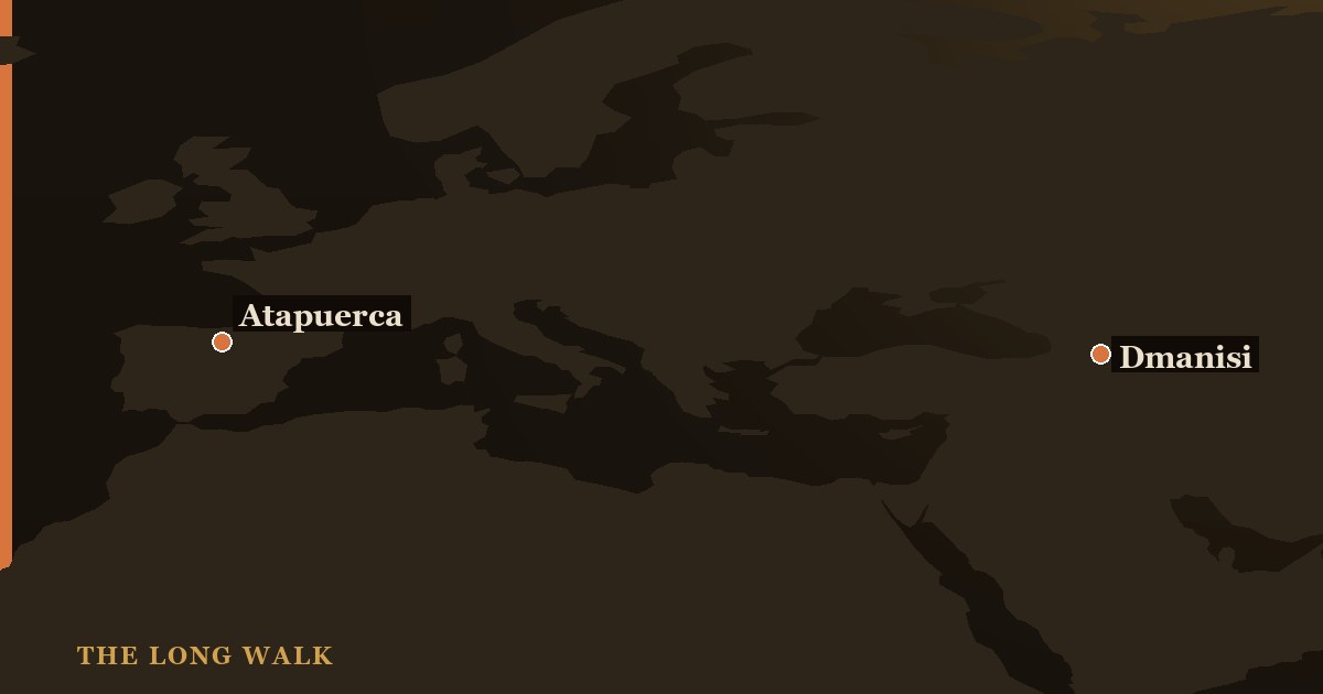 Map of Europe and western Asia marking Dmanisi in the Caucasus of Georgia and Atapuerca in Spain
