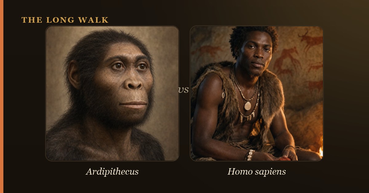 Reconstruction of Ardipithecus and Homo sapiens
